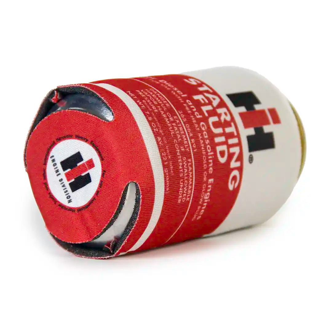 International Harvester Starting Fluid Koozie angled with can