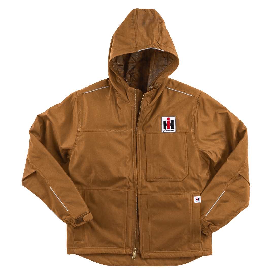 Brown hooded jacket with international harvester  logo on a white background