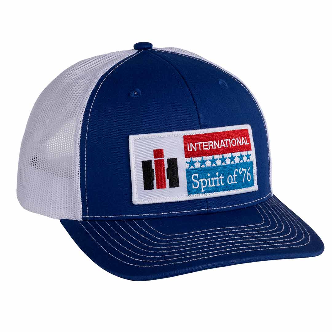 Blue and white cap with IH logo on a white background
