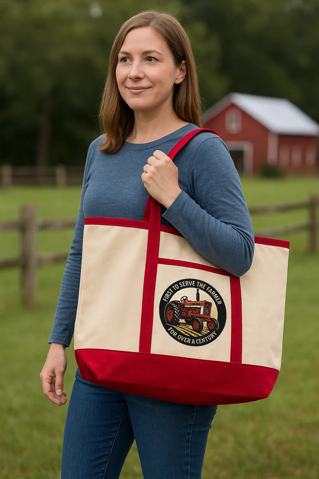 lady holding international harvester canvas tote bag