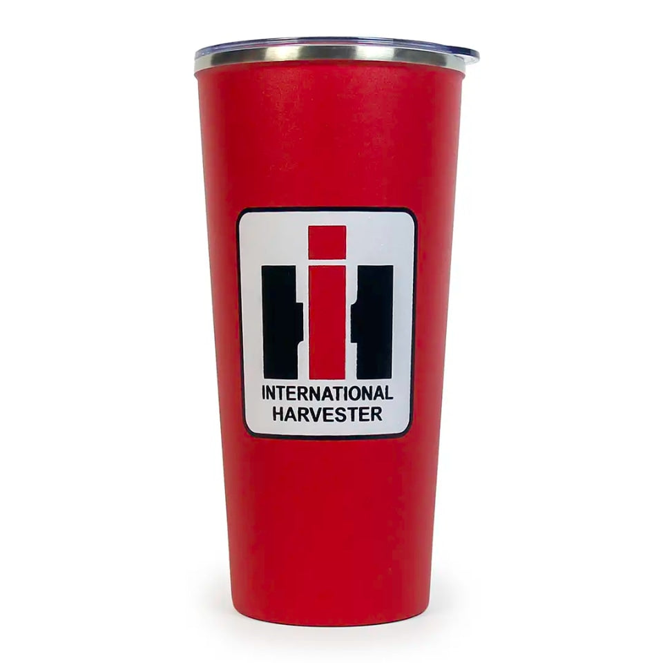 Red tumbler with International Harvester logo on a white background