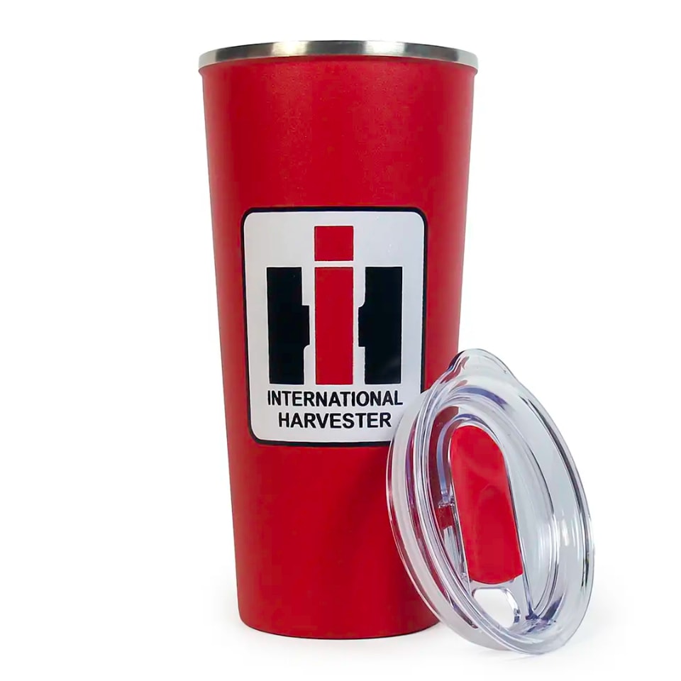 Red tumbler with International Harvester logo on a white background