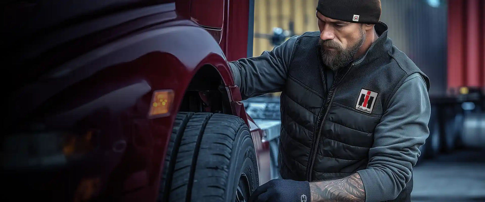 Trucker wearing black vest working on the tire of his semi truck