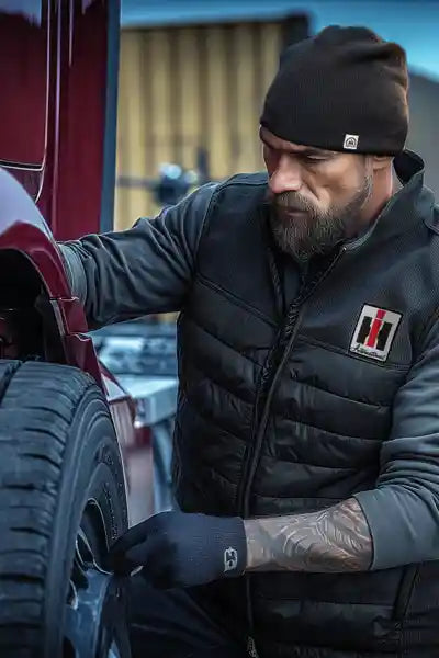 man wearing IH beanie and vest working on the tire of his truck