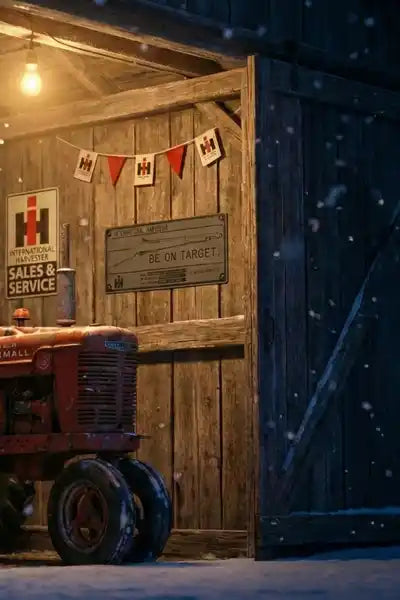 Vintage Farmall tractor in shed with International Harvester signage