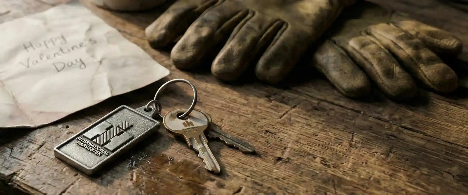 Valentines Day card with IH keychain on workbench