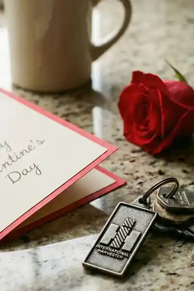 Valentines Day card with IH keychain and red rose on kitchen countertop