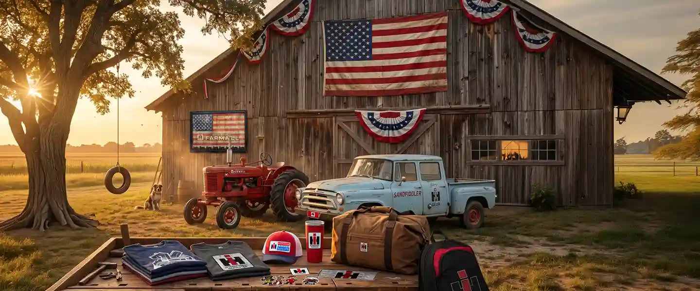 Barn with Farmall Tractor decorated for 4th of July