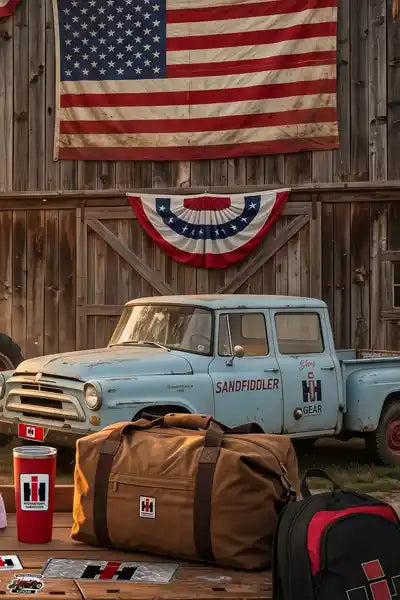 Barn with Internation Harvester pickup truck decorated for 4th of July