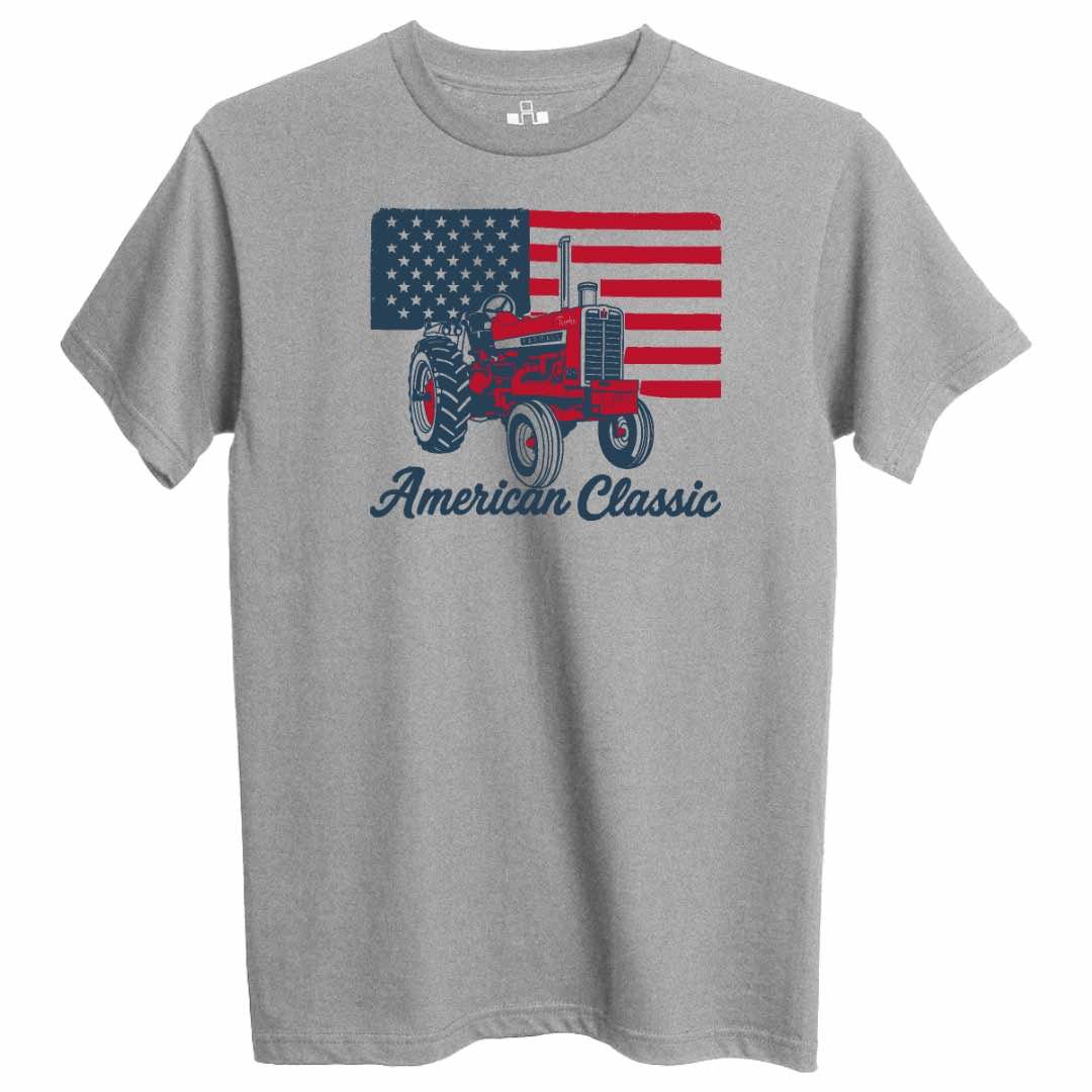 Gray t-shirt with IH 1206 red tractor and American flag design on a white background