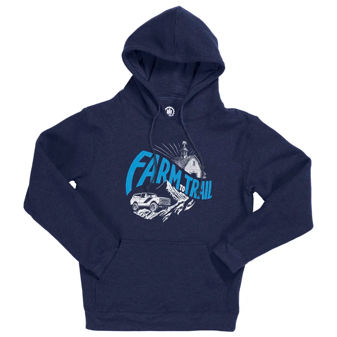 Farm to Trail navy fleece lined hooded sweatshirt with front pouch