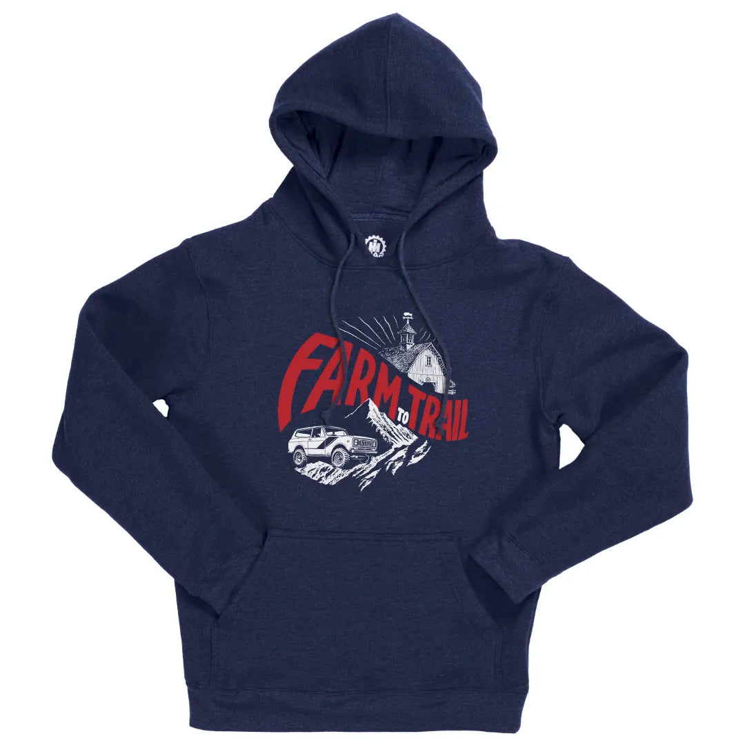 Farm to Trail navy fleece lined hooded sweatshirt with front pouch
