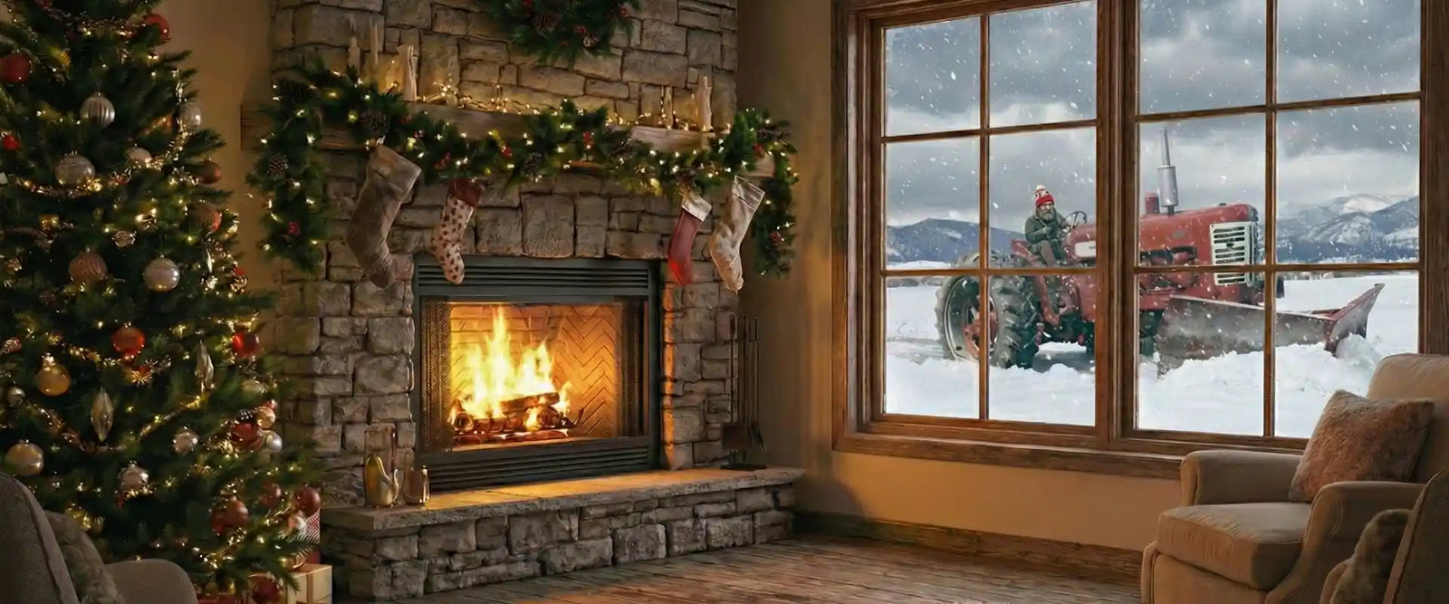 festive living room with view on Farmall tractor plowing snow
