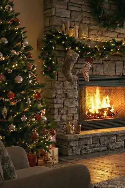 festive living room with view on Farmall tractor plowing snow