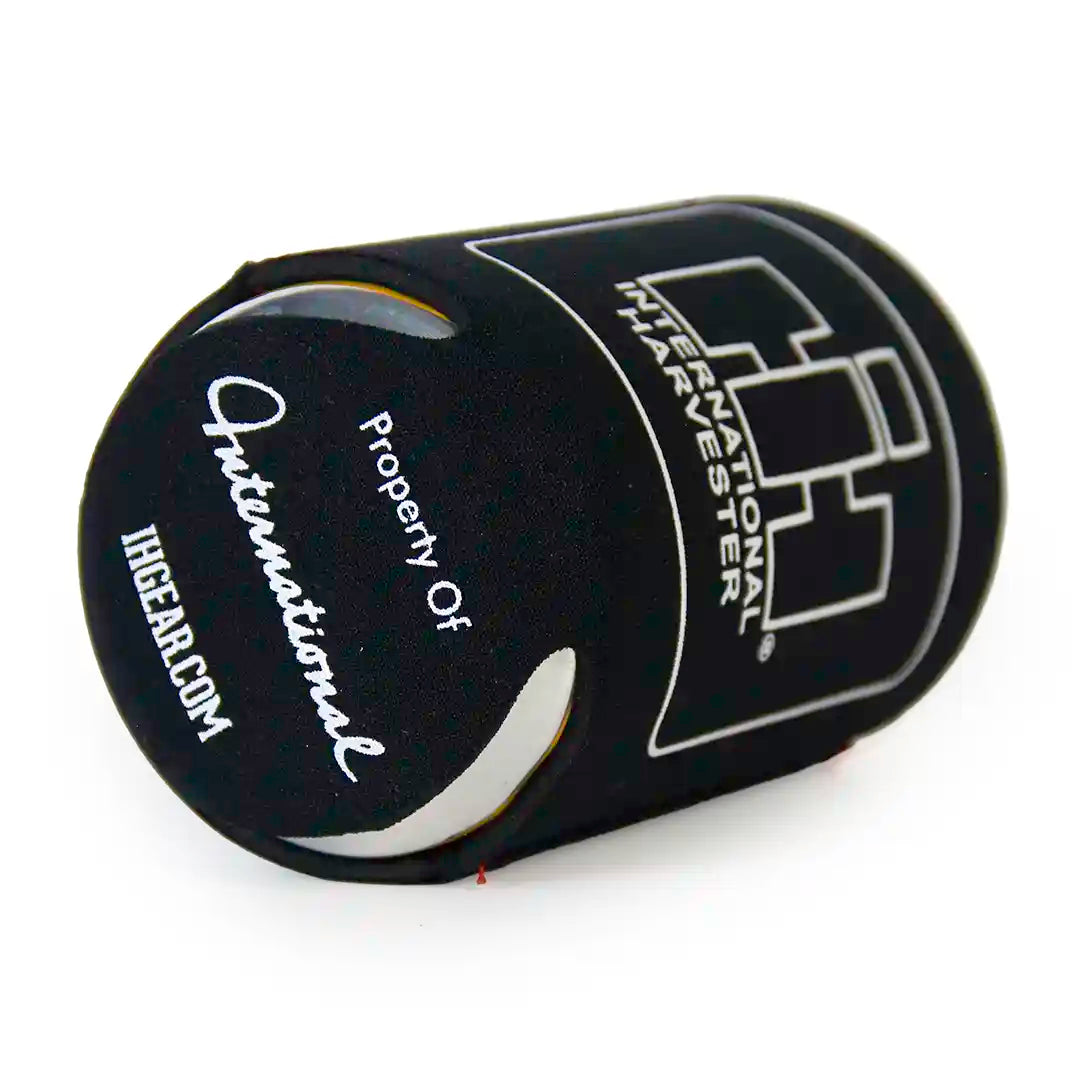 International Harvester Black Koozie angled with can