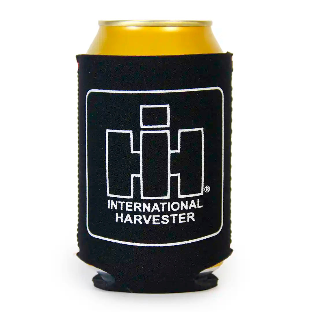 IH outlined Logo Black Koozie standing with can