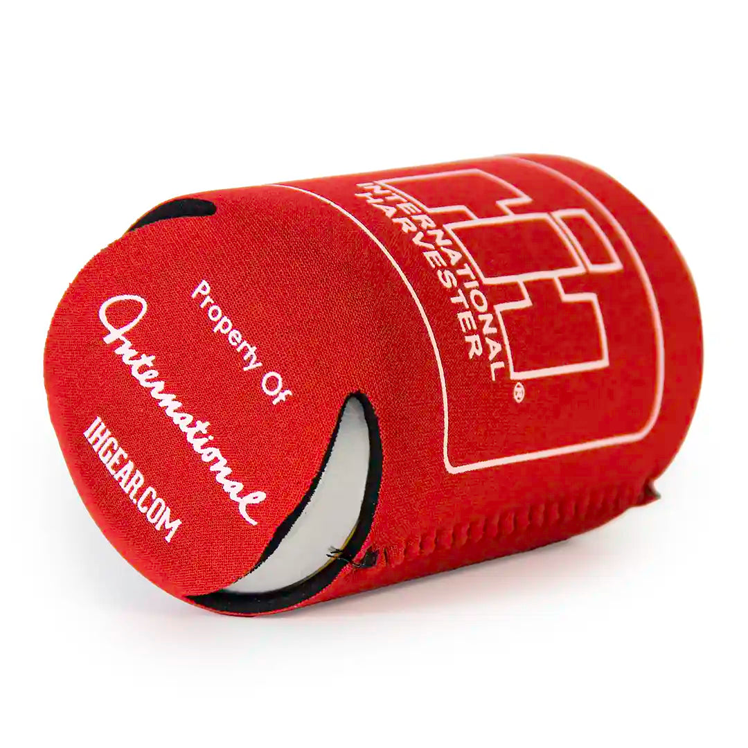 International Harvester Red Koozie angled with can