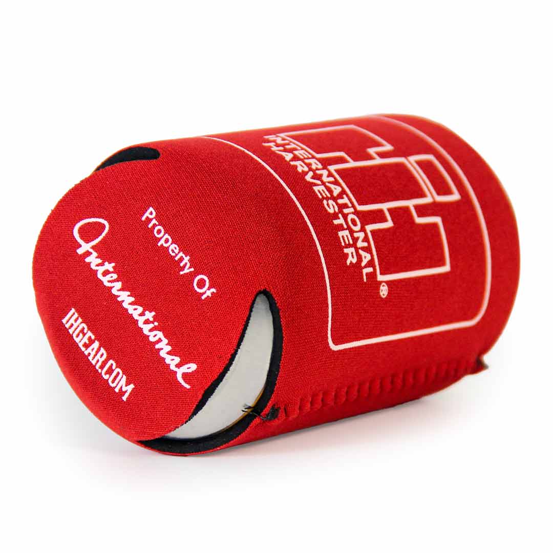 International Harvester Red Koozie angled with can