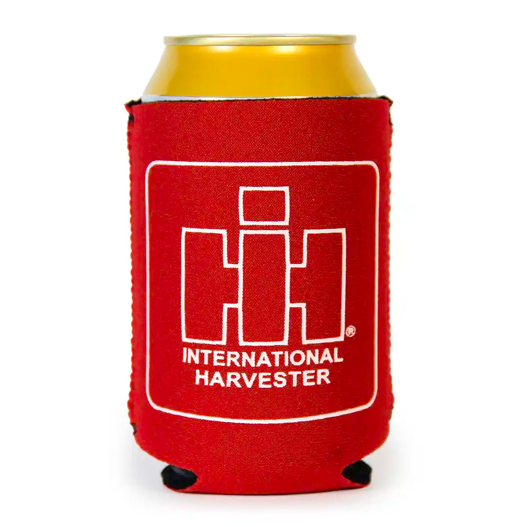 IH outlined Logo Red Koozie standing with can