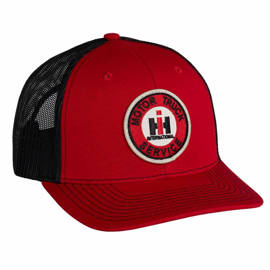 Red and black cap with IH Truck Service logo on a white background