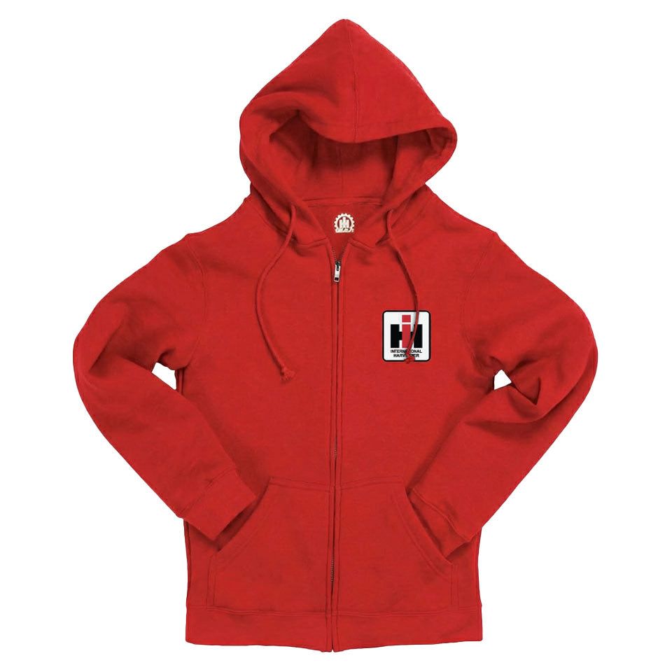 Red hoodie with a International Harvester logo on the chest against a white background