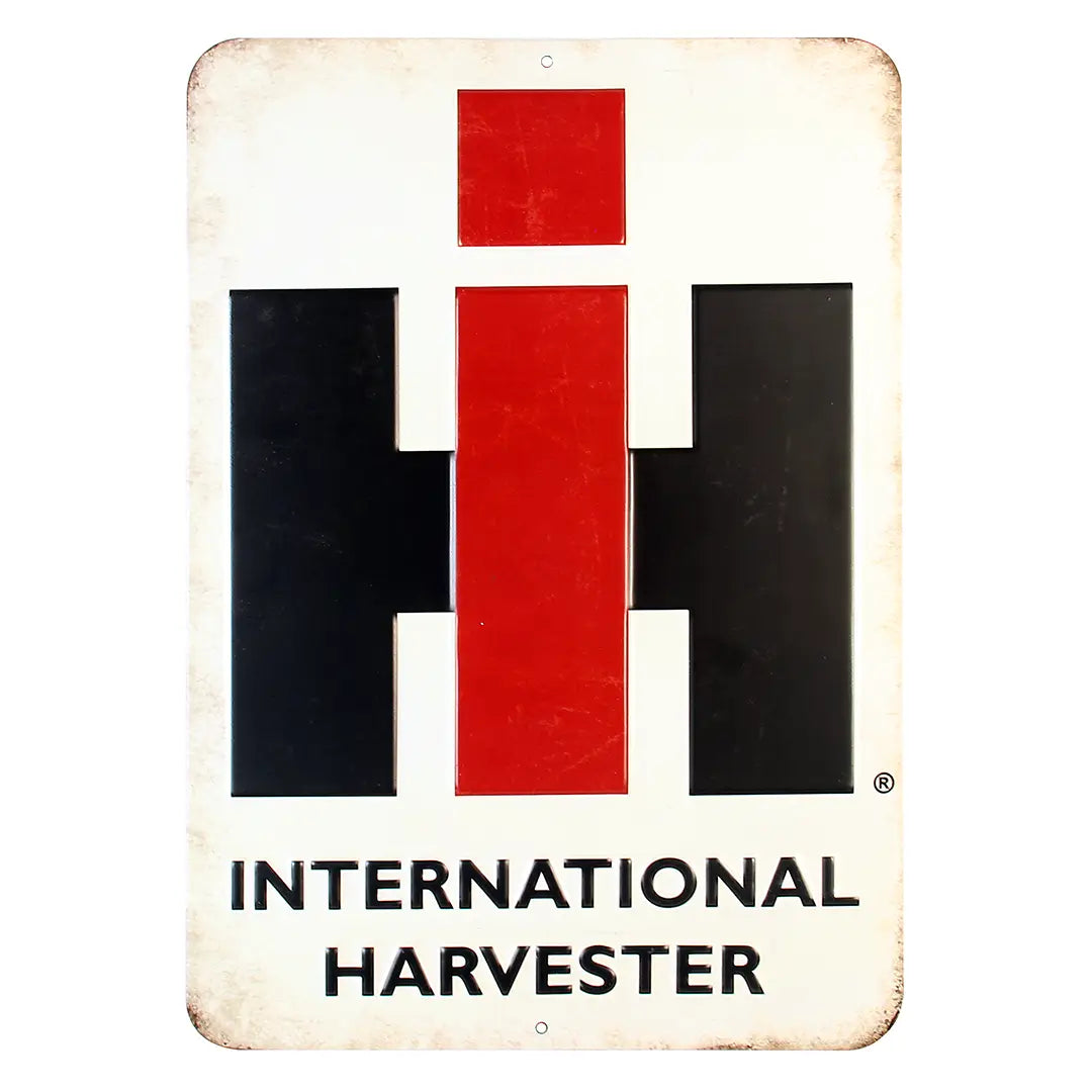 IH logo embossed tin sign with hanger and two holes