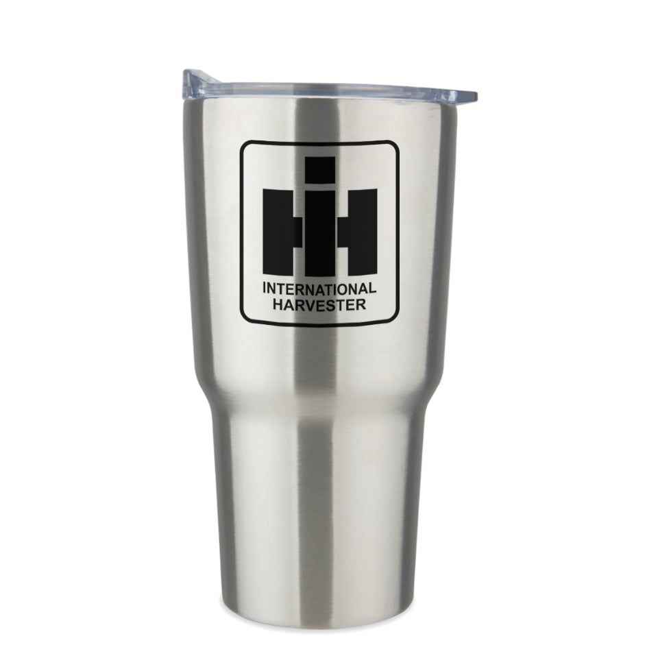 New stainless steel tumbler with International Harvester logo on a white background