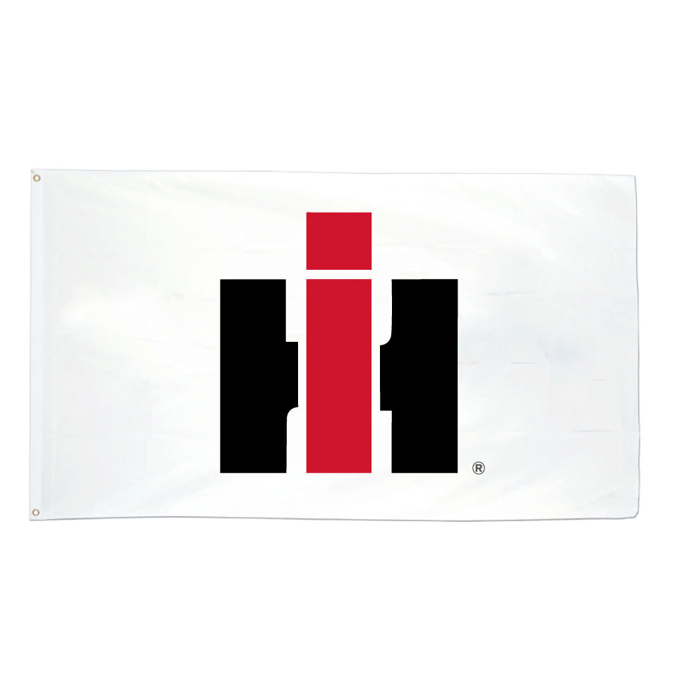 international harvester american made White flag with a red and black logo on a white background