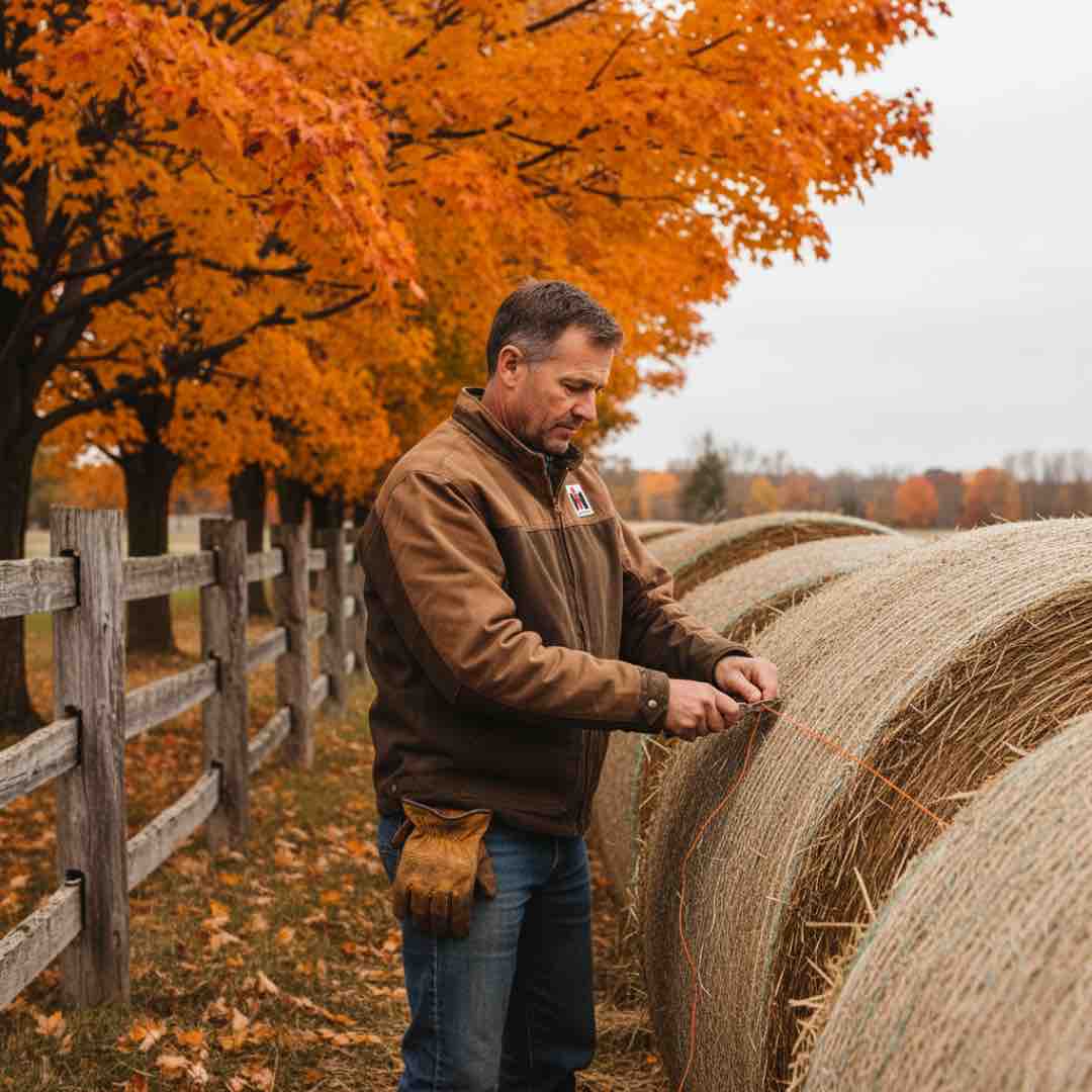 Man standing next to hay bales with autumn trees in the background wearing ih chore jacket