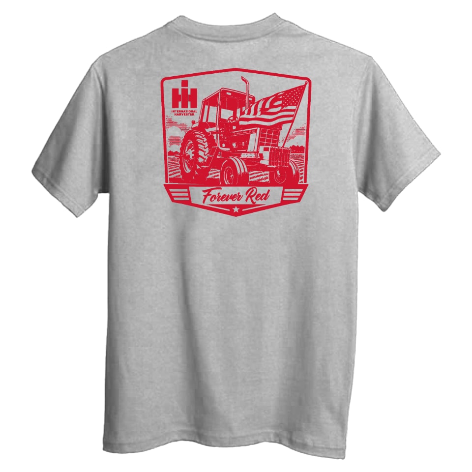 Gray t-shirt with red tractor graphic and 'Forever Red' text on a white background