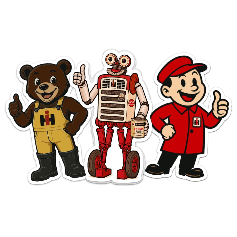 Three international harvester cartoon characters: a farmall bear, a ih tracto robot, and a ih service boy, on a white background.