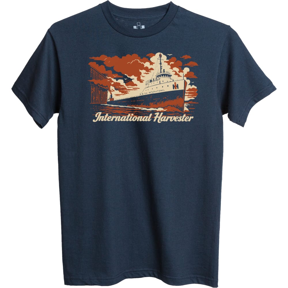 Navy blue t-shirt with International Harvester graphic on a white background