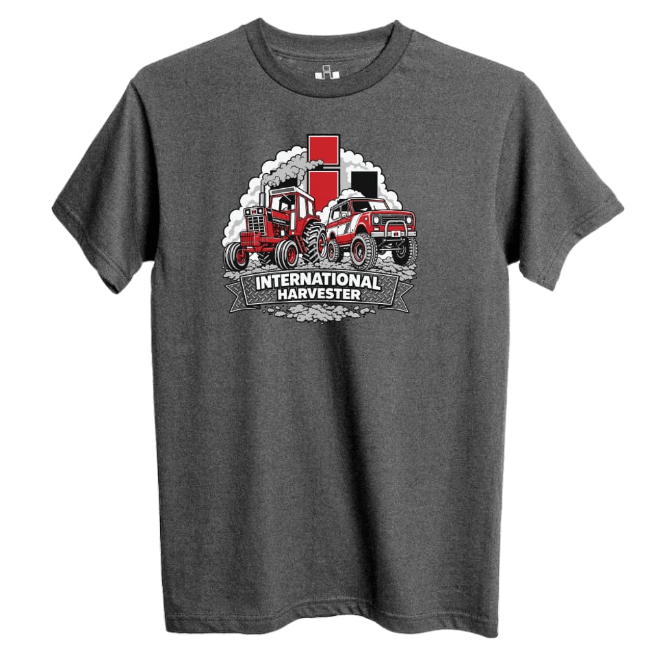 Gray t-shirt with International Harvester truck graphic on a white background