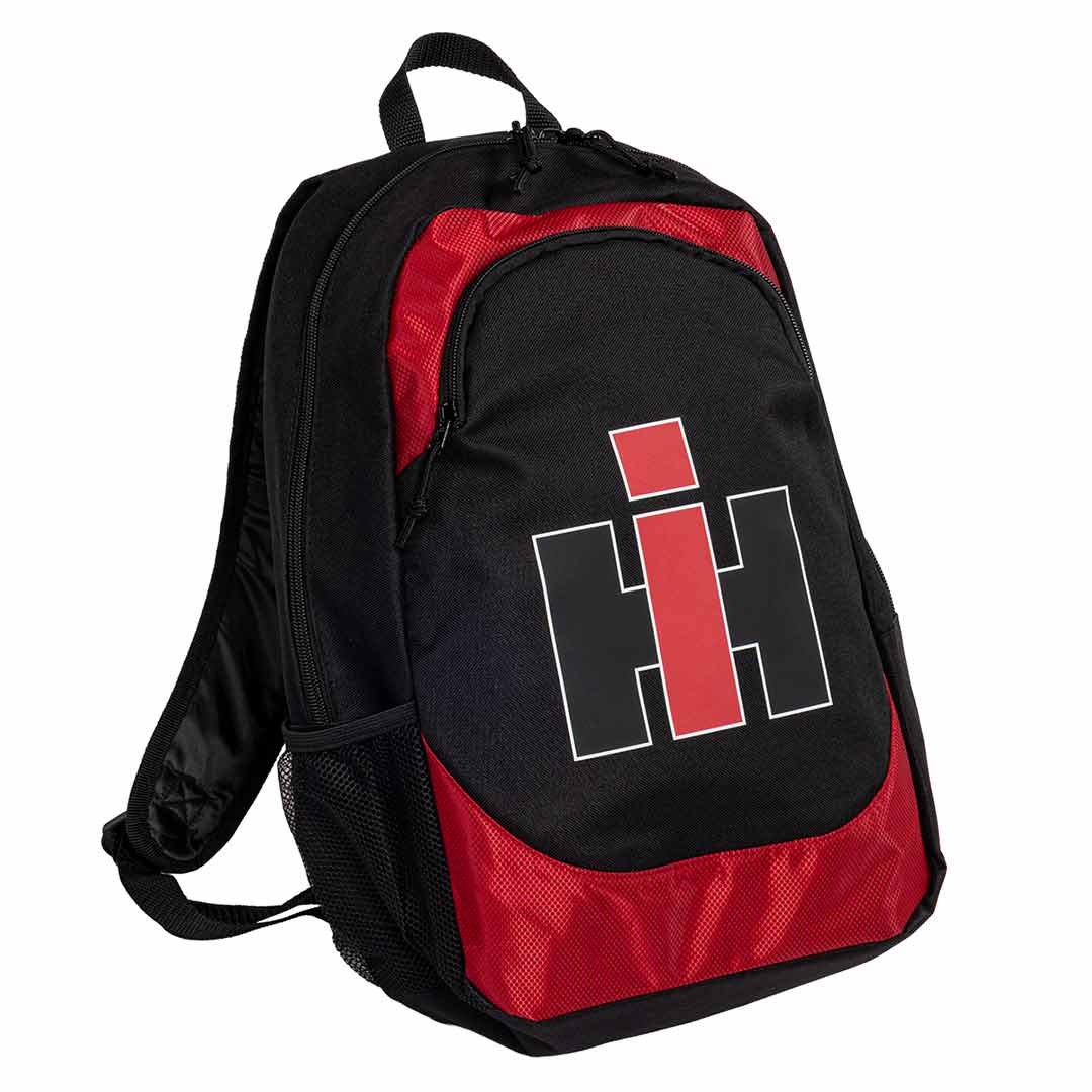 Black and red backpack with IH logo on a white background